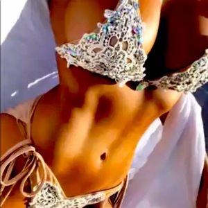 Tan bikini with white lace cover and rhinestones